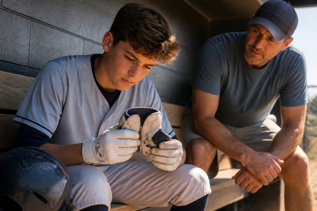 A teenage baseball player examining a premium leather batting glove in a dugout, with a parent looking on, natural sunlight, shallow depth of field