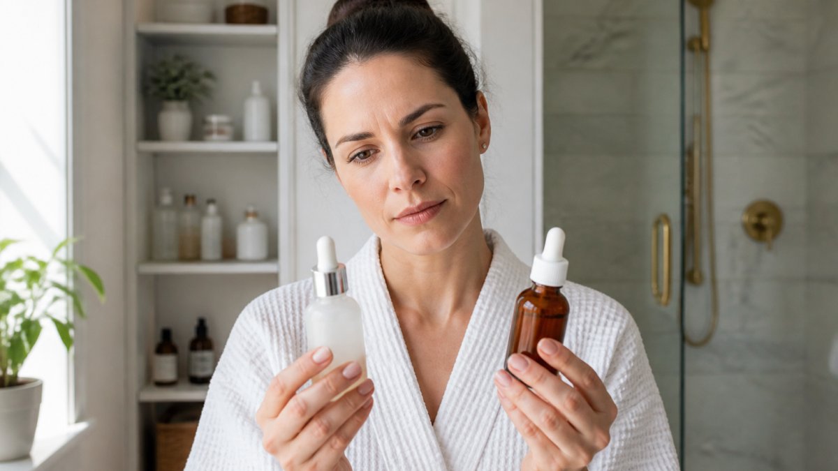 A woman in her 30s holding two skincare serum bottles side by side in a bright bathroom, comparing labels with a thoughtful expression