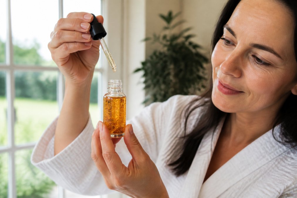 Close-up of hands holding a professional serum bottle with visible ingredients list and droplet, natural window lighting highlighting the product's amber gel texture and clarity