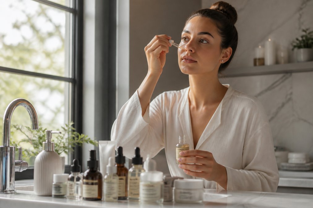 Organized professional skincare products arranged on a marble bathroom counter with a person applying serum to their face using a dropper, morning natural light streaming through a window