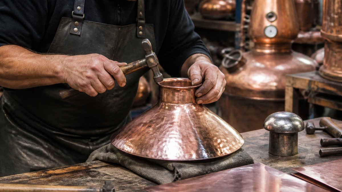 Close-up of a craftsman's hands shaping a copper still component on a workbench, with hand tools and copper sheets visible in a warmly lit workshop