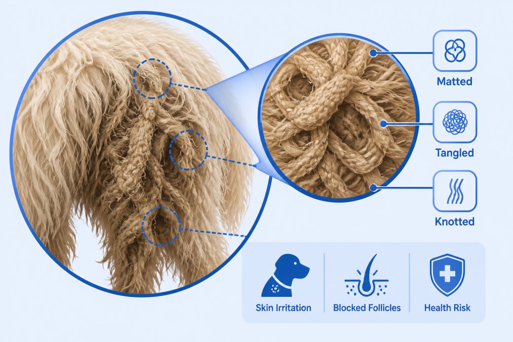 Close-up of a dog's matted and tangled coat showing dense, knotted fur texture and matting that requires professional attention