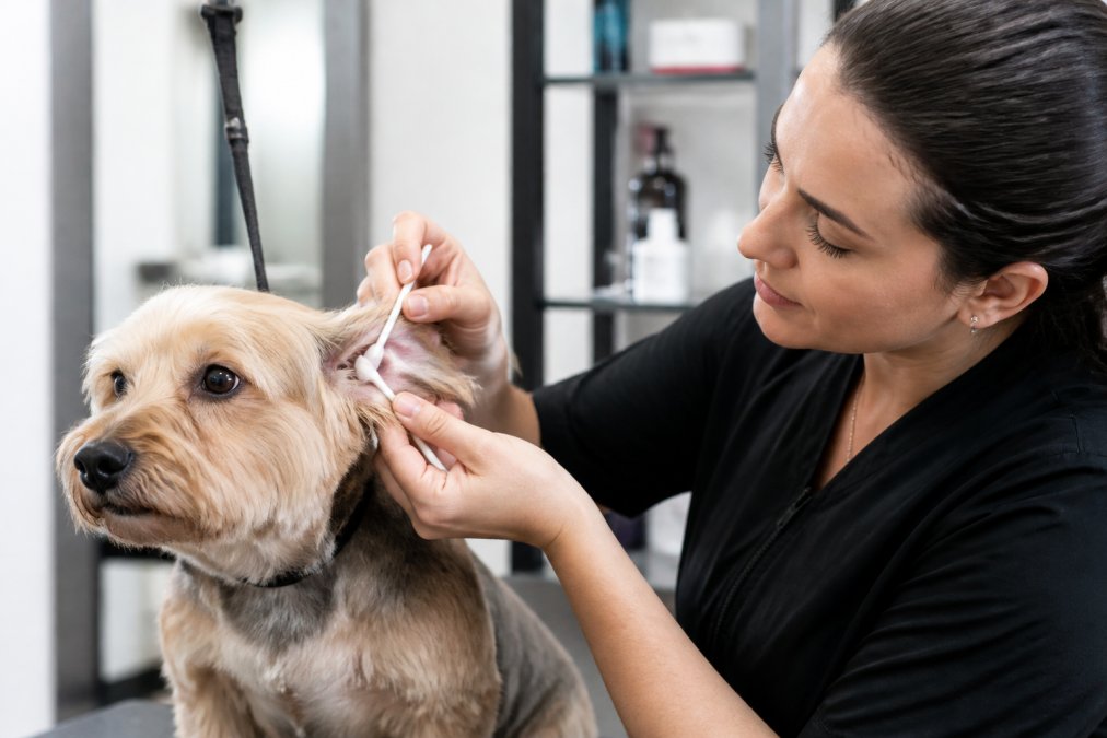 Professional groomer gently cleaning a dog's ear with specialized tools in a modern grooming salon, demonstrating proper technique and careful handling