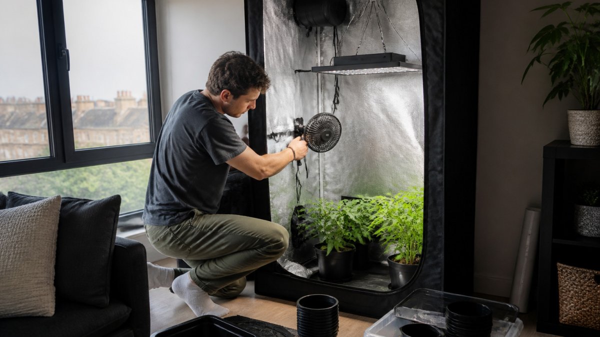Home grower setting up a compact grow tent with a light and fan in a small apartment