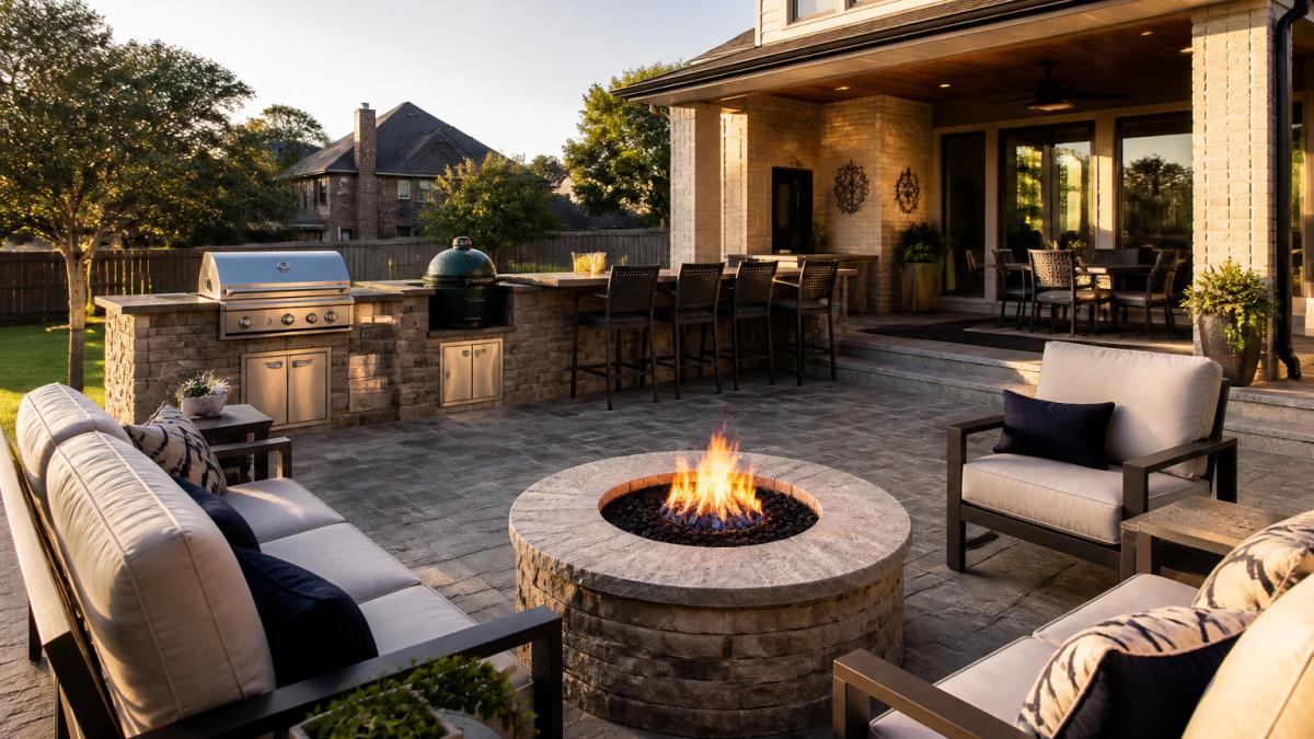 A beautifully finished stone patio with an outdoor kitchen and fire pit in a suburban backyard, late afternoon light, furniture arranged for entertaining