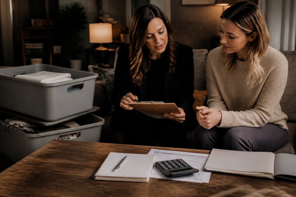 A professional organizer and a client reviewing a clipboard with pricing notes in a bright, tidy living room, with labeled storage bins nearby