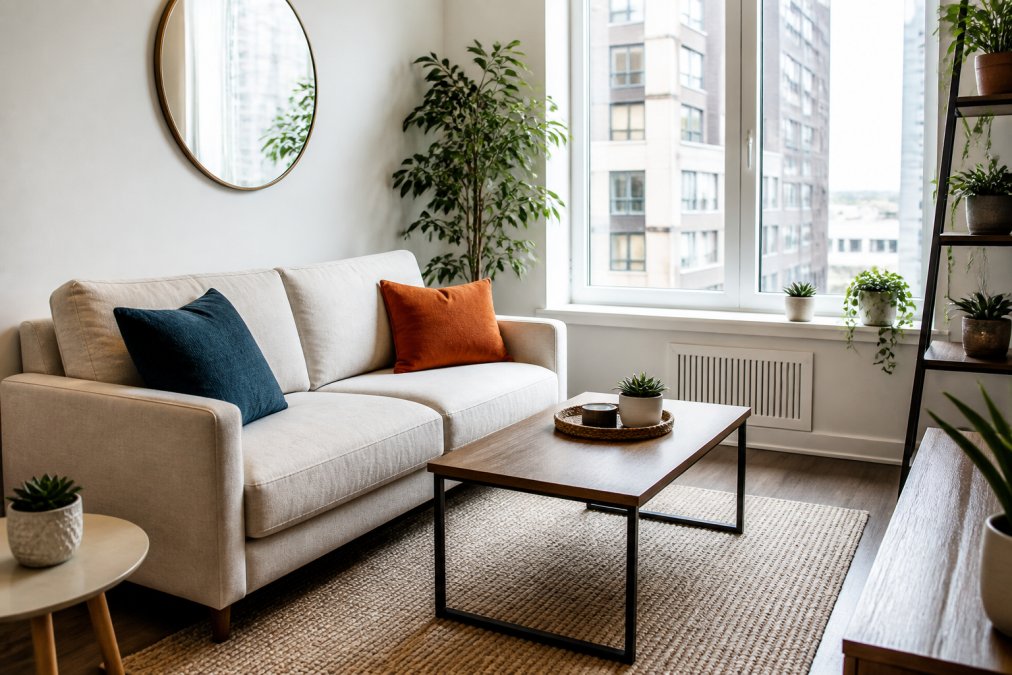 Infographic illustrating space-saving design strategies for a bright, compact living room arrangement