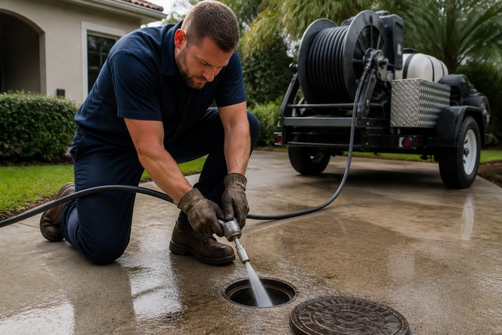 Plumber using a high-pressure hose for hydro jetting a residential drain pipe
