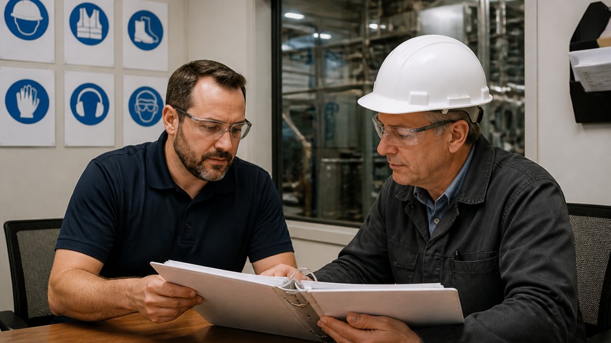 A safety consultant and a plant manager reviewing a printed safety program binder together at a table in a manufacturing facility office, with safety posters visible on the wall behind them