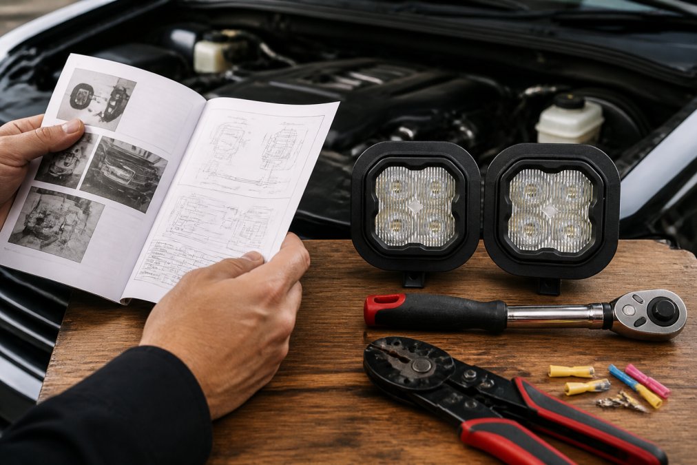 Close-up of hands holding an installation manual and technical specifications sheet next to specialized tools like a torque wrench and wire crimper, with a vehicle's engine bay visible in the background