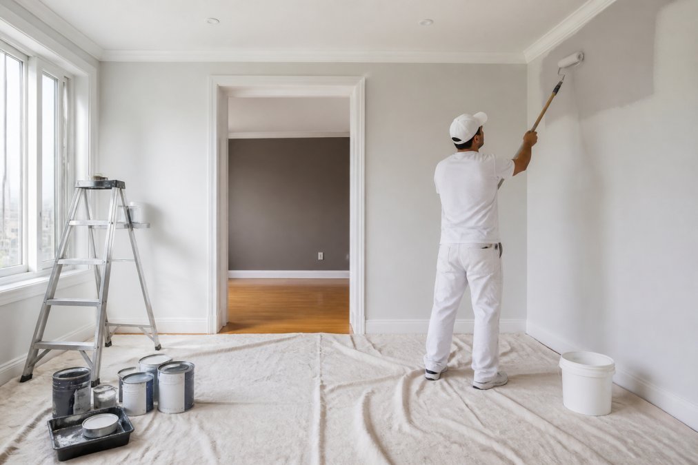 Professional painter applying interior paint finish with precision using professional equipment and drop cloths in a modern Toronto home