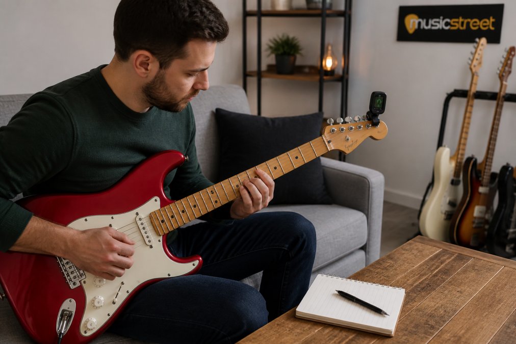 A guitarist sitting on a sofa with an electric guitar on their lap, using a clip-on tuner on the headstock while fretting the 12th fret, with a small notebook and pen on the coffee table beside them