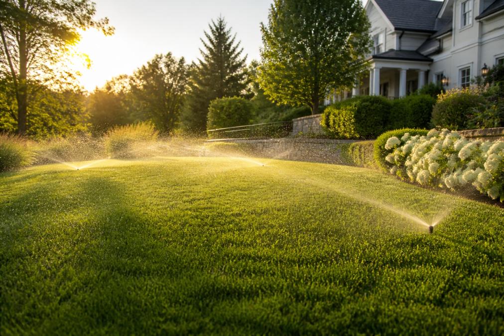 A pristine, lush green lawn on a large residential property with a professionally installed in-ground sprinkler system activating in the background, with fine mist spraying over the grass at golden hour