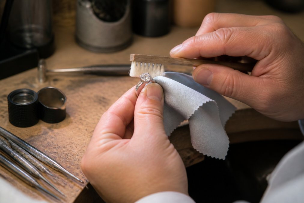 Jeweler using a soft brush and cloth for professional jewelry cleaning at a workbench