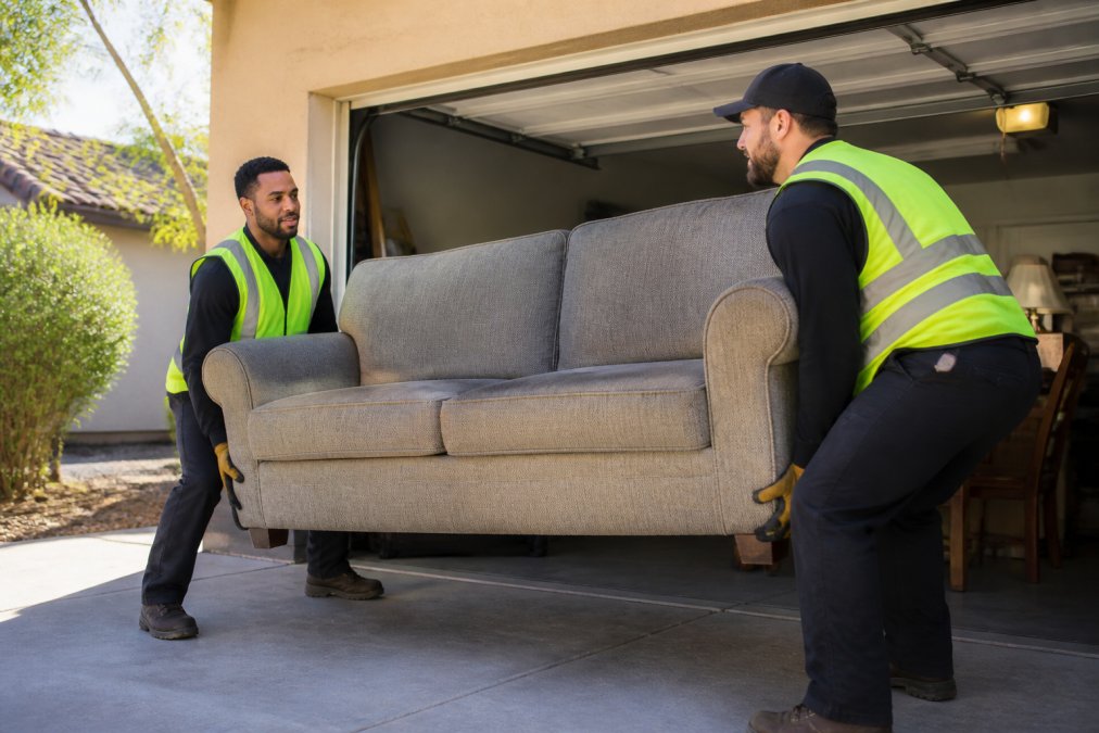 Professional crew of two workers safely removing a large upholstered sofa from a residential garage, using proper lifting technique with bent knees and straight backs, wearing work gloves and high-visibility vests, morning sunlight streaming through open garage door