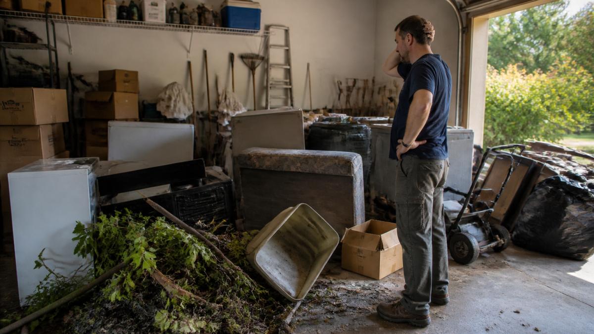 Homeowner standing in a cluttered garage surrounded by old furniture, cardboard boxes, broken appliances, and yard waste, with natural light streaming through the open garage door