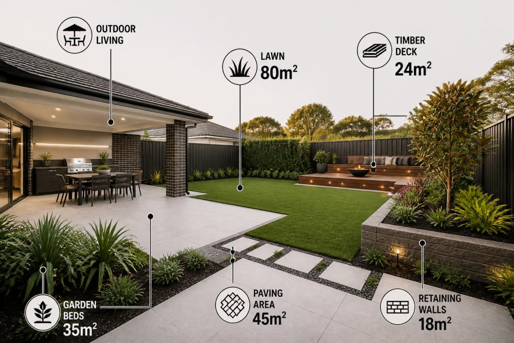 A beautifully completed residential backyard in a suburban Sydney Hills District home, showing a paved outdoor living area, lush lawn, garden beds and a timber deck, photographed in natural afternoon light