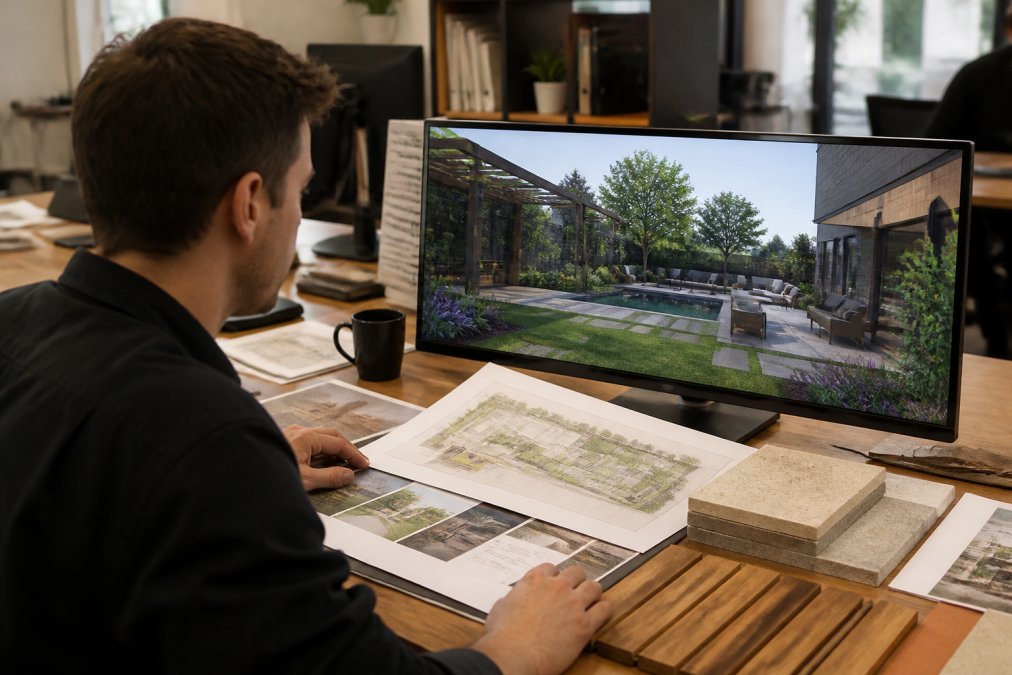 A landscape designer reviewing a detailed 3D rendered landscape plan on a large monitor at a desk, with printed concept drawings and material samples nearby