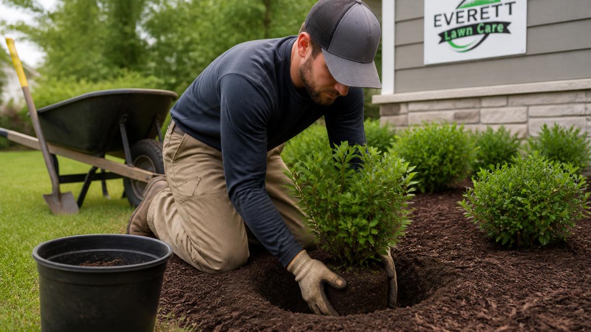 Landscaper kneeling on a residential lawn to install a new shrub in a mulched bed during the landscaping process.