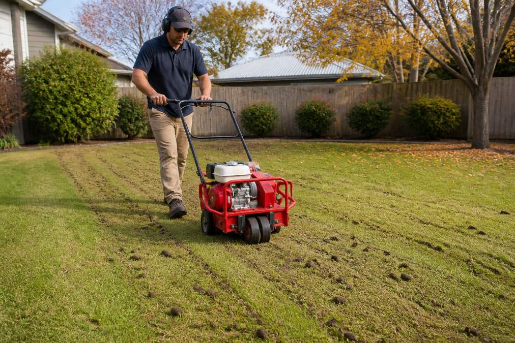 Person operating a core aerator across a residential lawn in autumn, with visible soil cores scattered on the grass surface and green turf in the background
