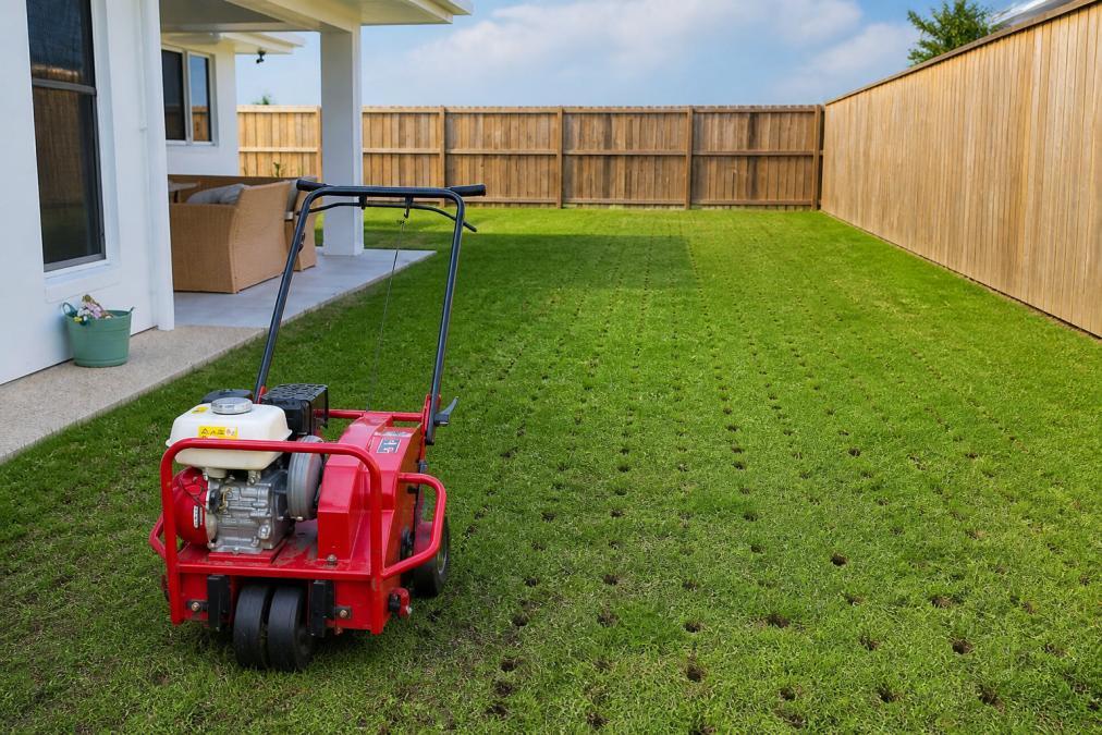A well-maintained residential lawn in spring with vibrant green growth, visible soil aeration holes, and a core aerator positioned at the lawn's edge