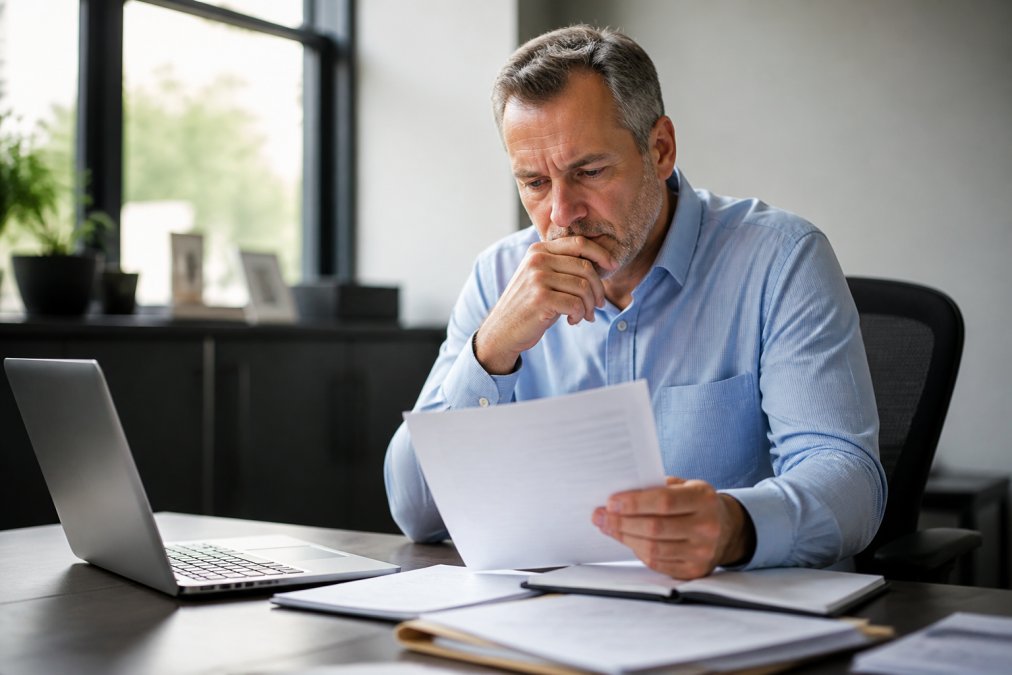 Professional consultant reviewing contract documents at desk with concerned expression, papers and laptop visible, natural office lighting