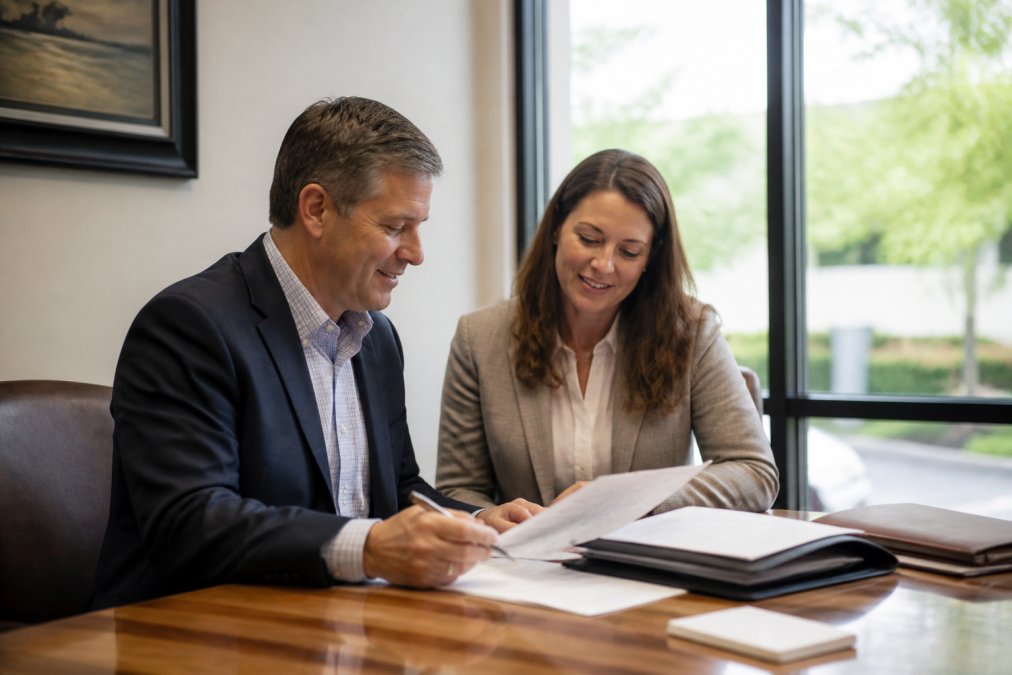 Business professional meeting with insurance agent, reviewing documents and discussing policy options, natural lighting from windows