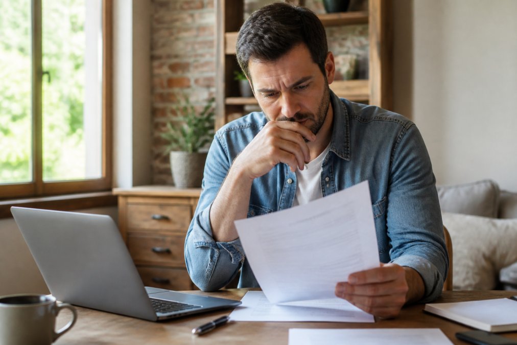 Independent contractor at desk reviewing contract documents with concerned expression, papers and laptop visible in home office setting