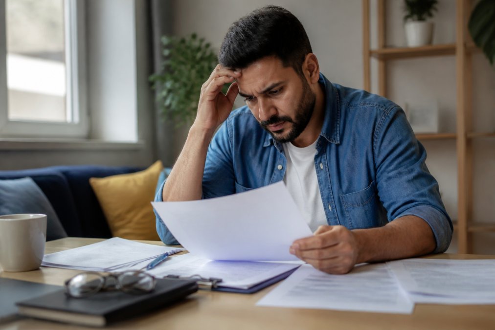 Independent contractor at desk reviewing contract documents with concerned expression, papers and laptop visible in home office setting