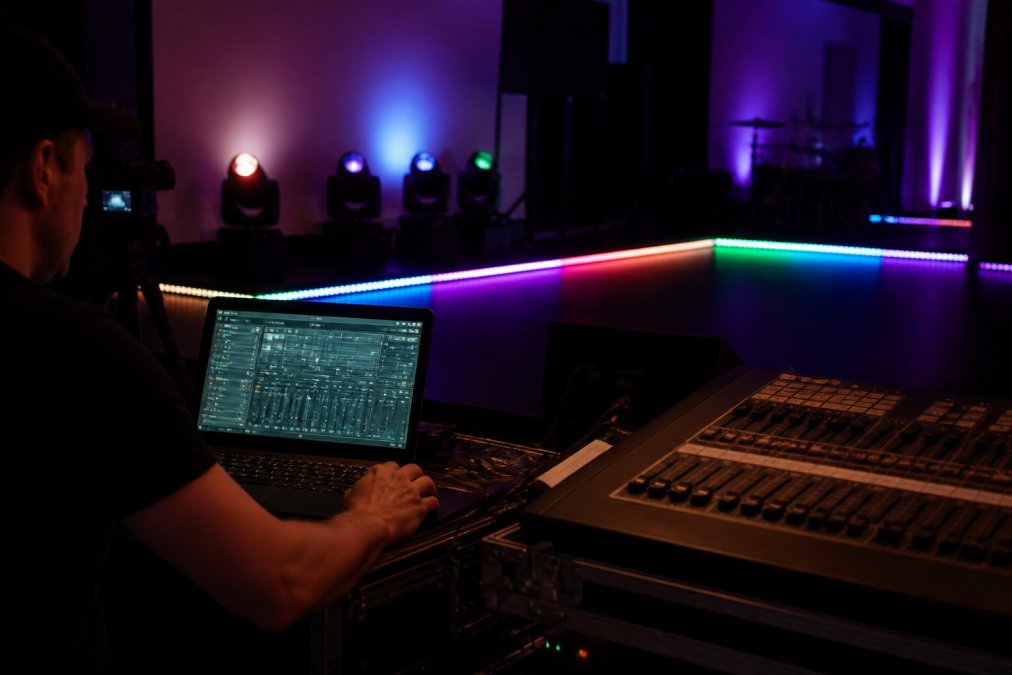 A lighting technician seated at a mixing desk in a dimly lit venue, laptop open showing a web-based DMX control dashboard with patched fixture zones, colorful Govee smart light strips glowing along stage edges and moving head fixtures casting wash colors across the back wall