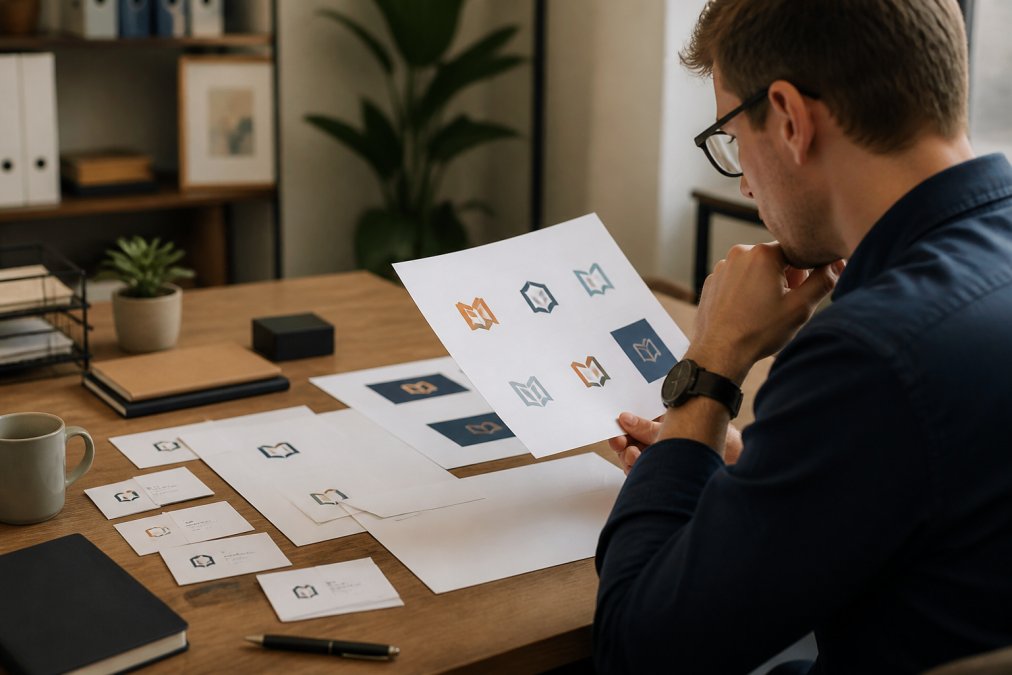 Small business owner reviewing professional logo designs on a computer screen, with printed brand materials including business cards and letterheads spread across a desk in natural office lighting