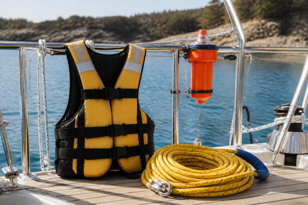 A neatly organized deck of a sailboat showing a USCG-approved life jacket, an EPIRB mounted on a rail, and a coiled rescue line in the foreground, with calm coastal water behind
