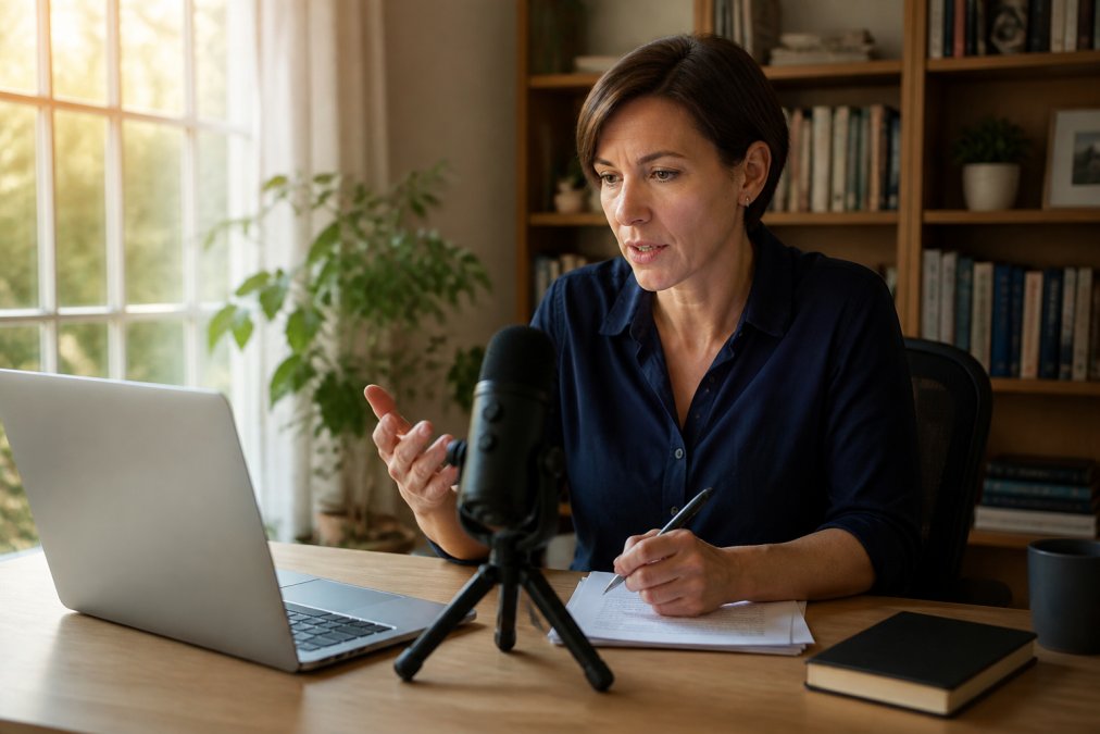 Author practicing interview answers with a microphone to see if professional media training is worth it for authors