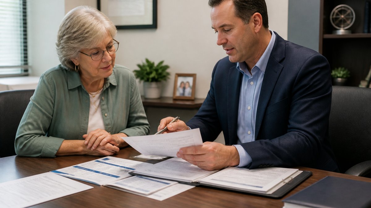 Professional medicare advisor reviewing coverage plans with a client in a bright office