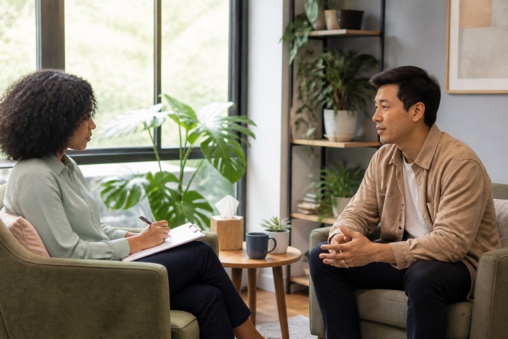 Two people seated in comfortable armchairs in a bright, calm room, one holding a clipboard and taking notes, soft natural light through large windows, plants on a side table, supportive and professional atmosphere