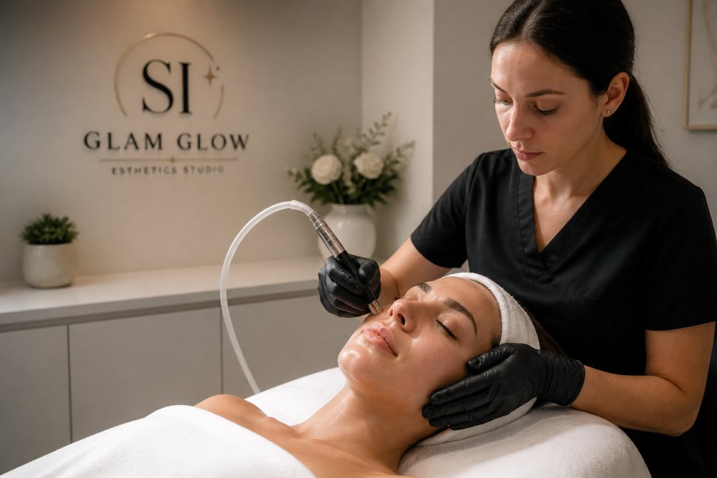 Esthetician using a microdermabrasion wand on a client to show if professional microdermabrasion is good for textured skin.