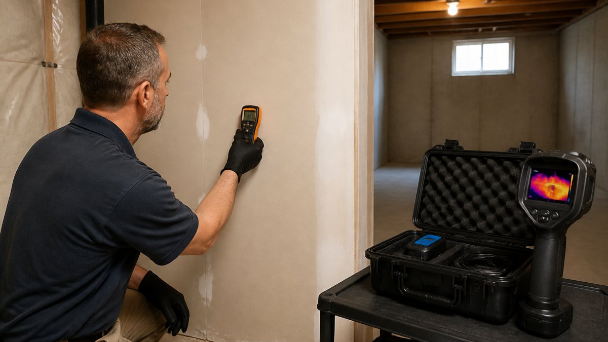 Professional inspector using moisture meter on drywall in basement, with thermal imaging camera and equipment on nearby table