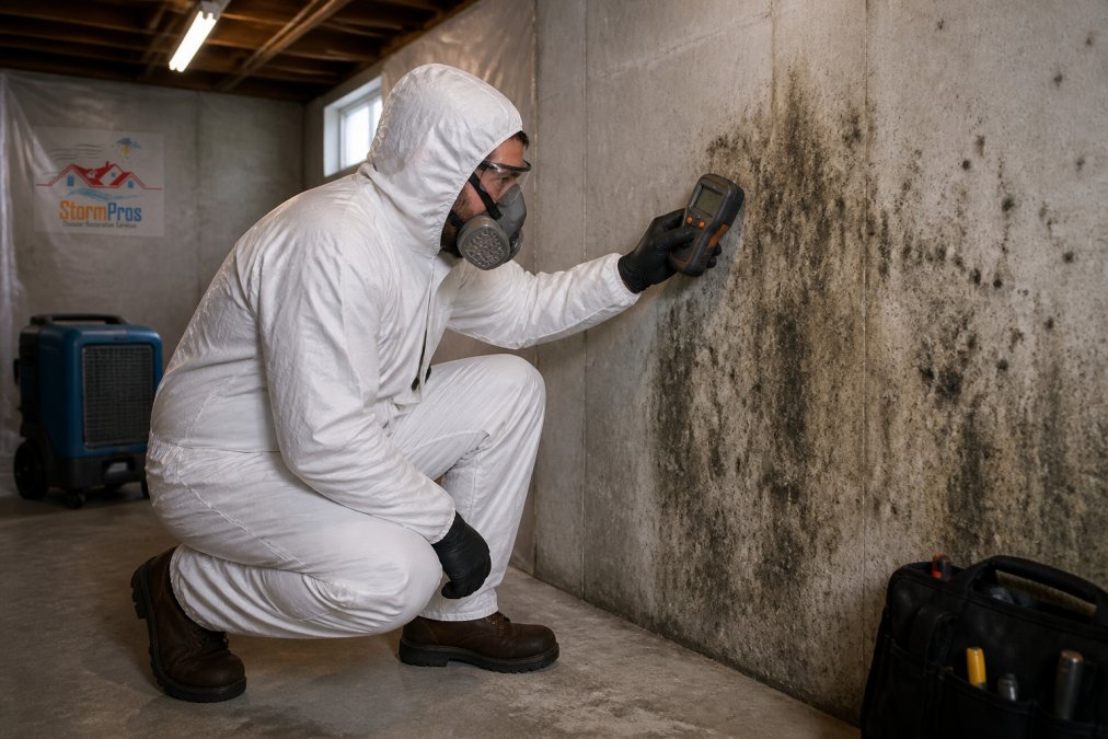 Professional remediation technician in full PPE and respirator using moisture meter to inspect mold growth on basement wall