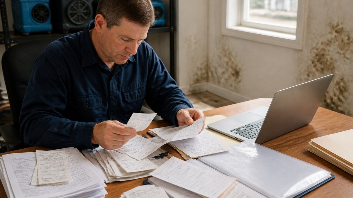 Business owner organizing receipts and tax spreadsheets for mold removal expenses