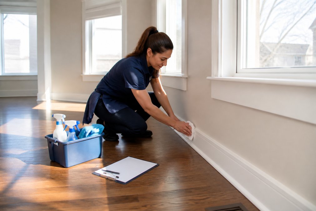 A professional cleaner in a bright, empty living room wiping down white baseboards and window sills, bucket of supplies and a paper checklist on a clipboard resting on the floor beside her, afternoon light through bare windows