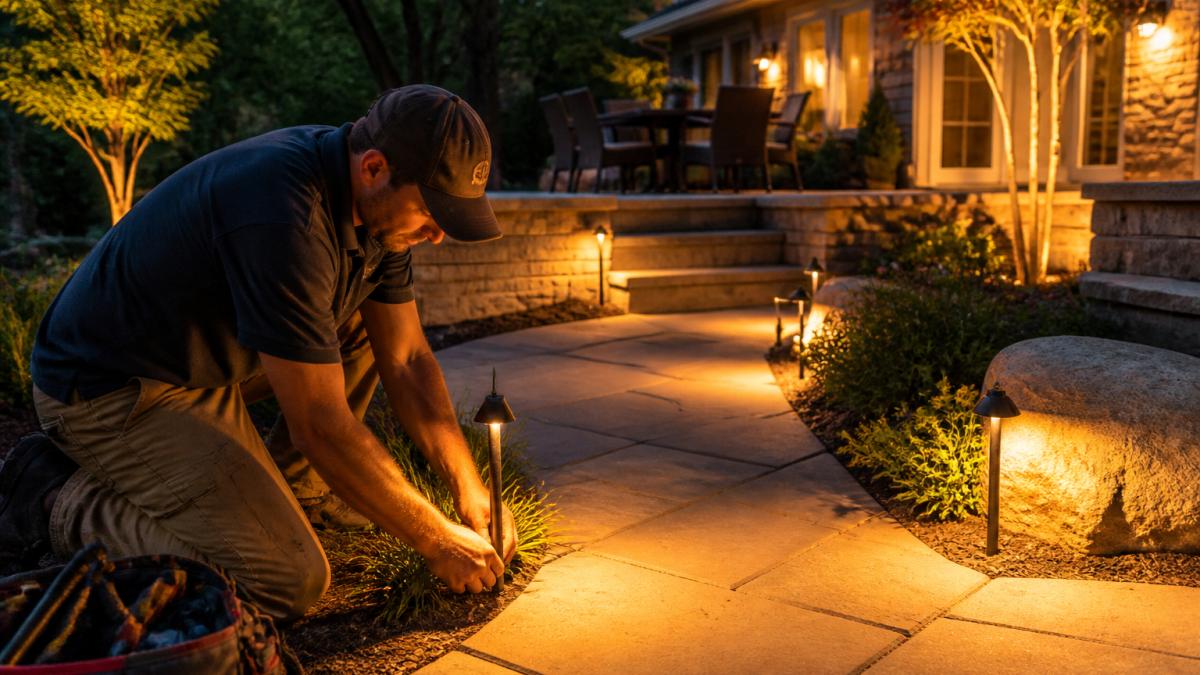 Professional outdoor patio at dusk with warm pathway lights along a stone walkway, accent uplighting on landscaping trees, and architectural lighting highlighting home exterior details