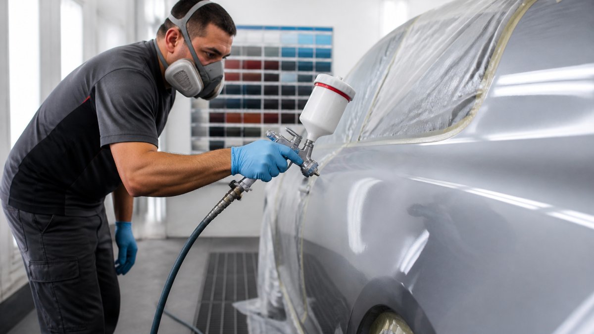 A close-up of a technician's gloved hand using a spray gun to blend fresh paint into a car panel, with a color matching chart visible in the background of a well-lit auto body shop