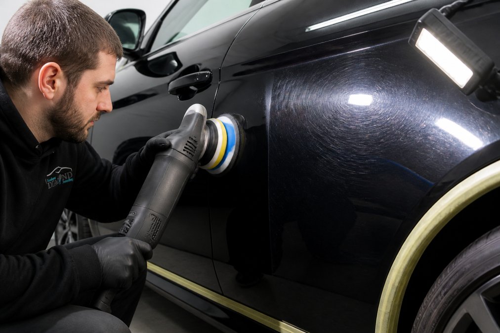 A detailer in a professional workshop using a dual-action polisher on a dark car panel, with a bright work light revealing the difference between the corrected and uncorrected paint surface