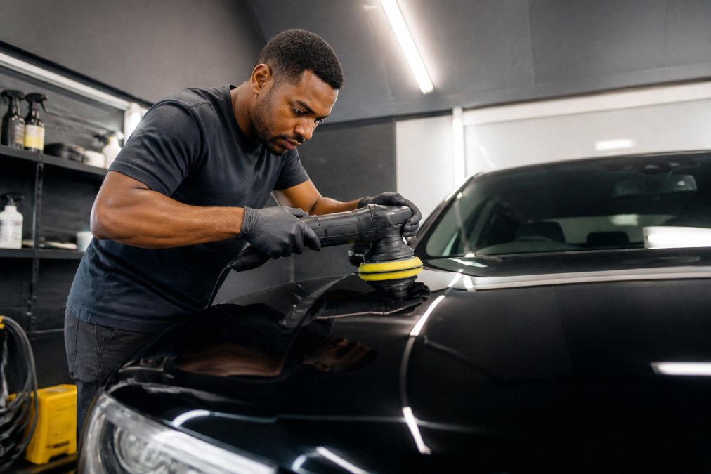 Professional detailer using dual-action polisher on vehicle hood with proper technique, showing specialized equipment setup and controlled environment