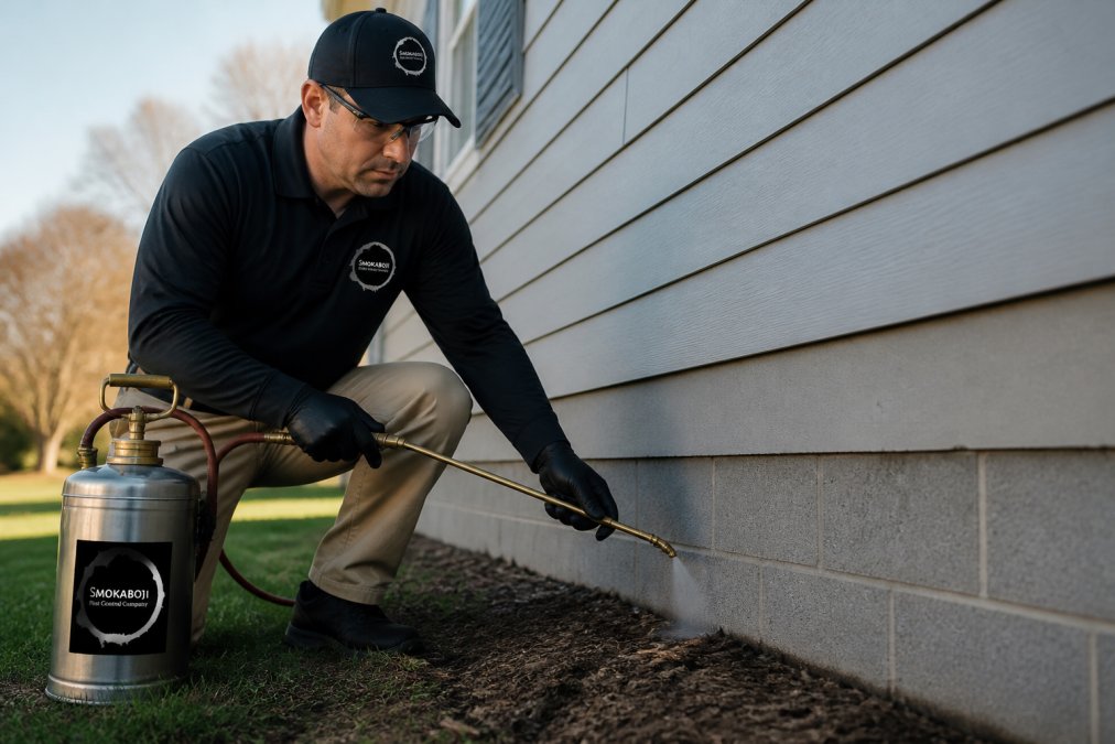 Pest control technician applying preventative barrier treatment around residential foundation in systematic pattern, showing professional application technique with spray equipment