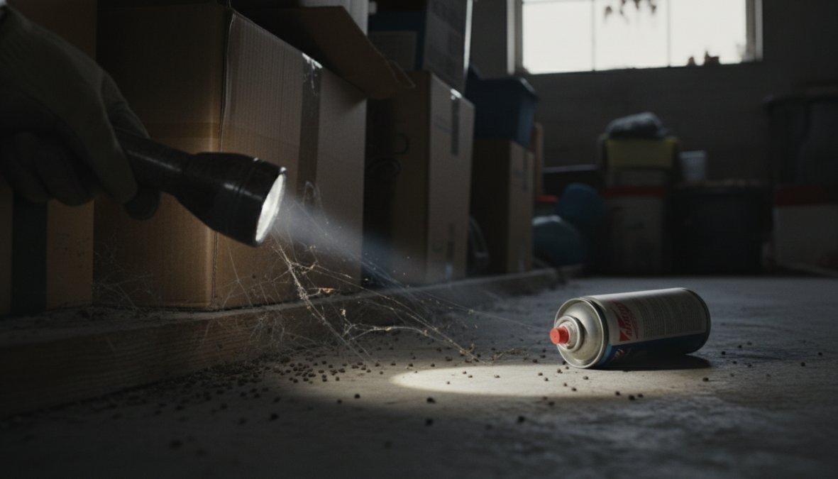 Close-up of a licensed pest control technician in dark uniform crouching to inspect a kitchen baseboard with a flashlight, scanning for rodent droppings and cockroach activity in a residential kitchen with white cabinets