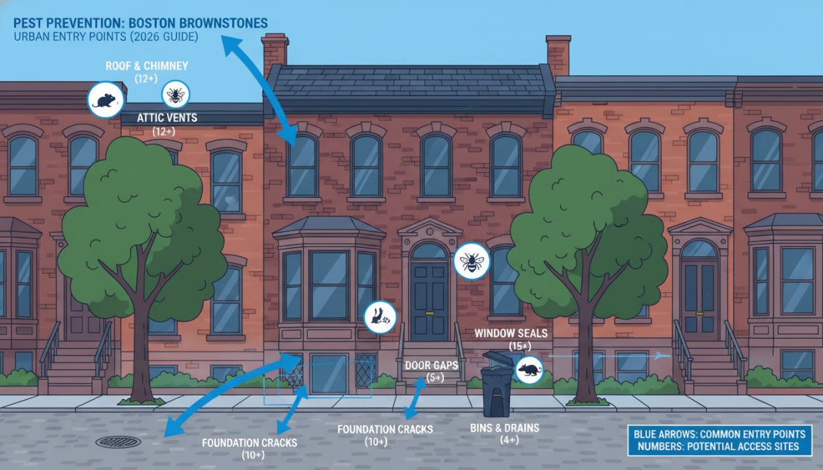 Exterior view of a classic Boston brownstone row house on a tree-lined street in afternoon light, showing the red brick facade, stone steps, original wooden window frames, and ground-level entry points along the foundation