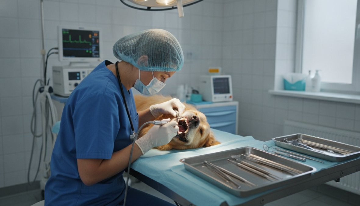 A veterinarian in scrubs and blue gloves carefully examining a sedated dog's teeth and gums under bright overhead clinical lighting in a modern veterinary procedure room, with stainless steel instruments laid out on a tray nearby