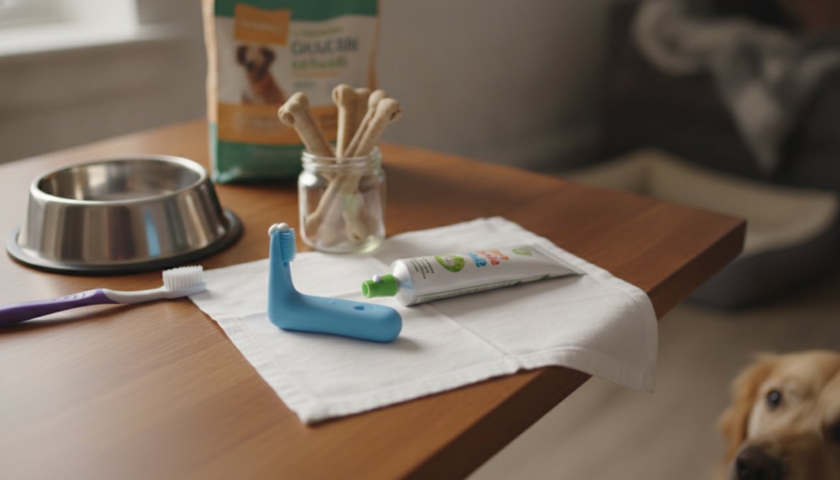 A pet owner gently brushing a small golden-colored dog's teeth with a soft finger toothbrush at home, the dog calm and cooperative on a white countertop under warm natural light from a nearby window
