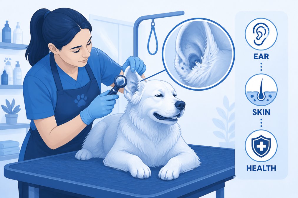 Professional groomer carefully examining a dog's ear and skin closely, with the dog calm and relaxed on a grooming table in a well-lit salon